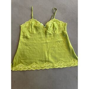 Shu Shu 100% Silk Camisole Tank Top Green Embroidered Lace